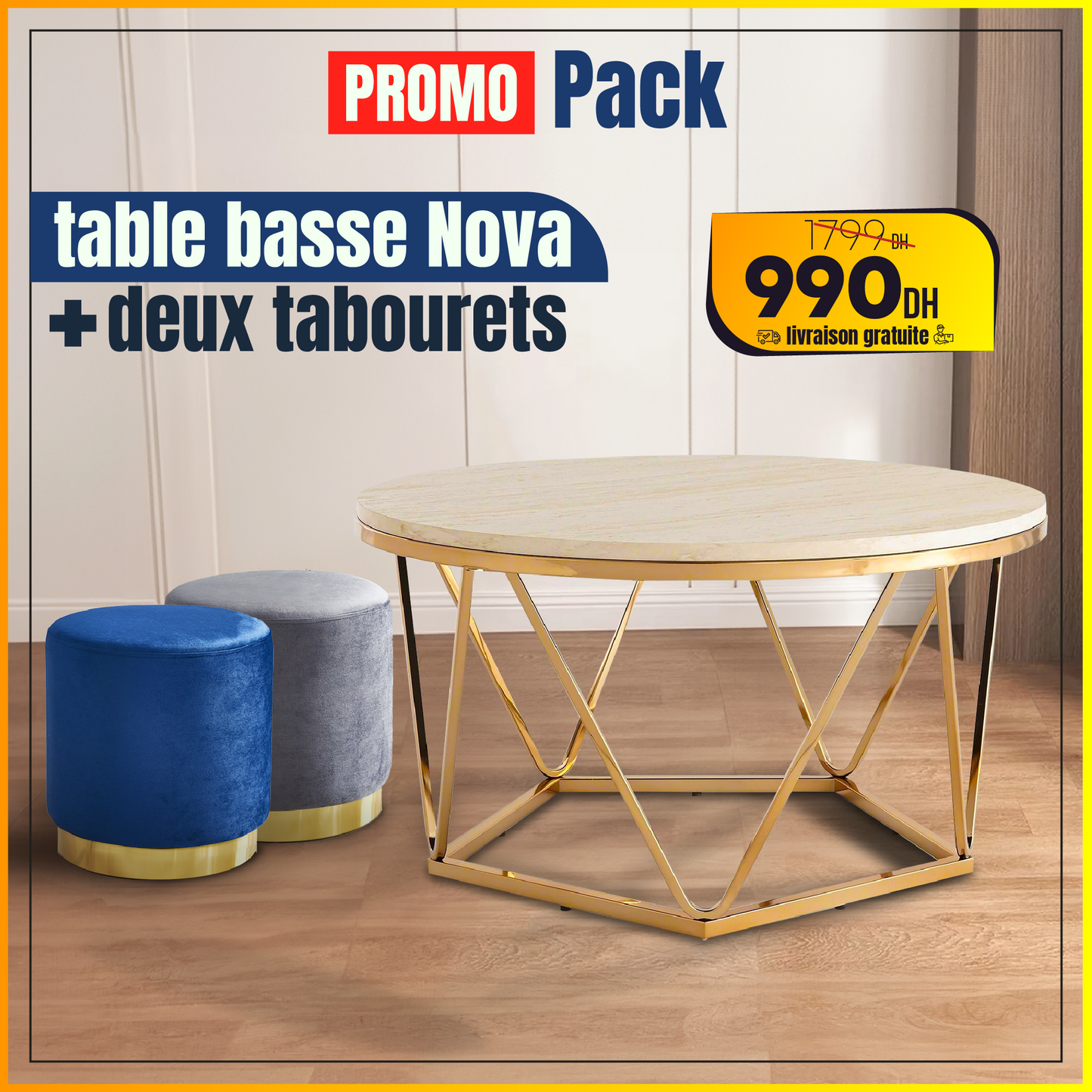 Pack deux tabourets européens + Table NOVA