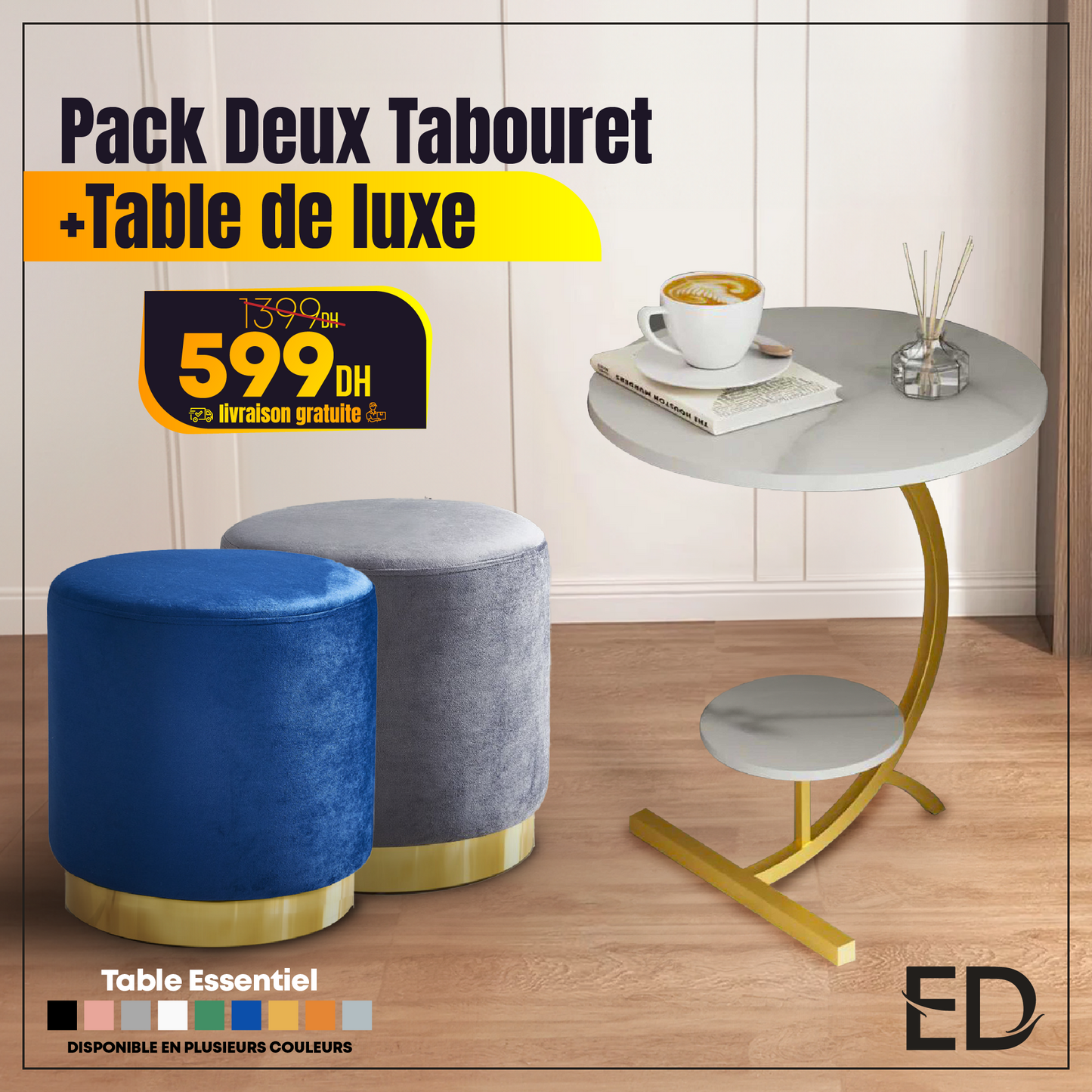 Pack deux tabourets européens + Table DE LUXE