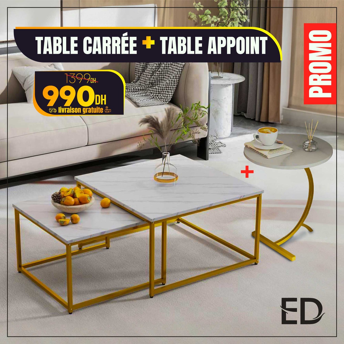 pack Tables gigognes carre 70 / 50  + table en C