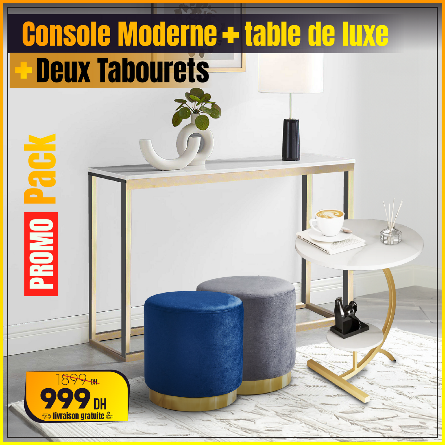 Pack console modern + deux tabourets européens