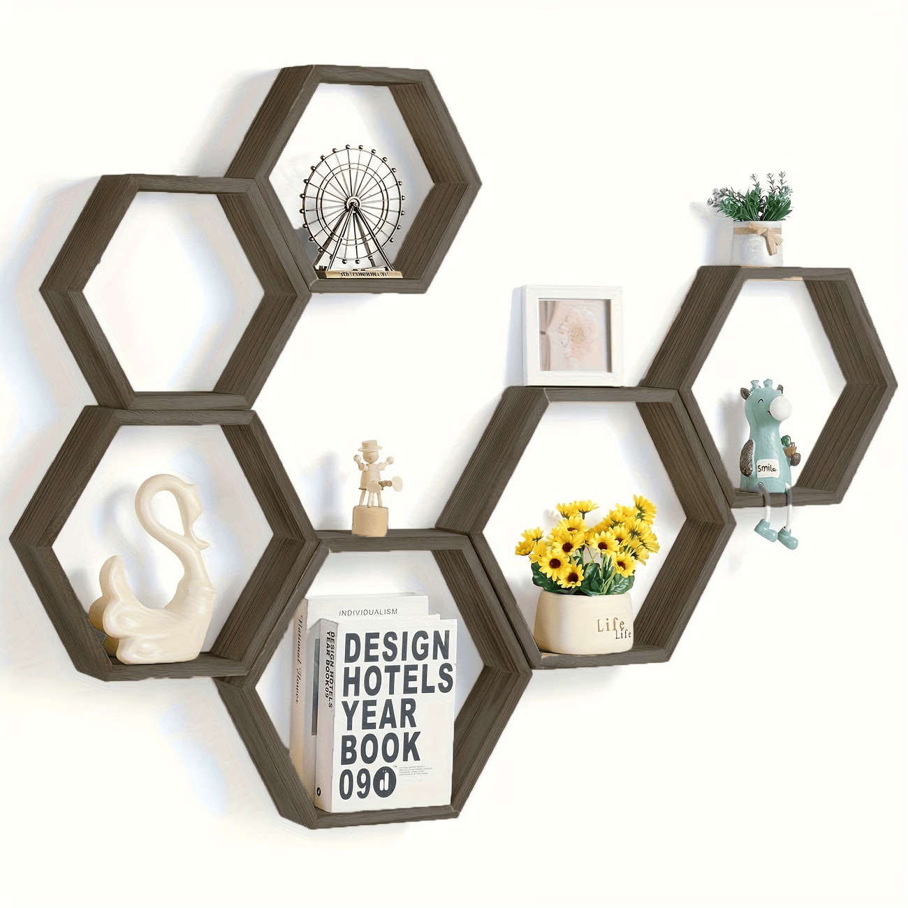 Étagères Murales Hexagonales – Lot de 3 en Bois