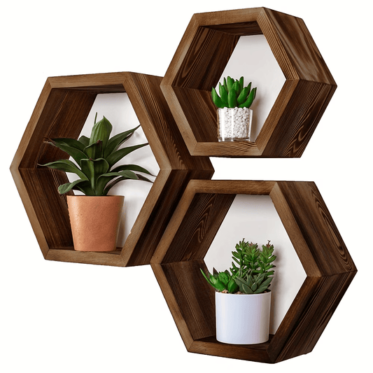 Étagères Murales Hexagonales – Lot de 3 en Bois