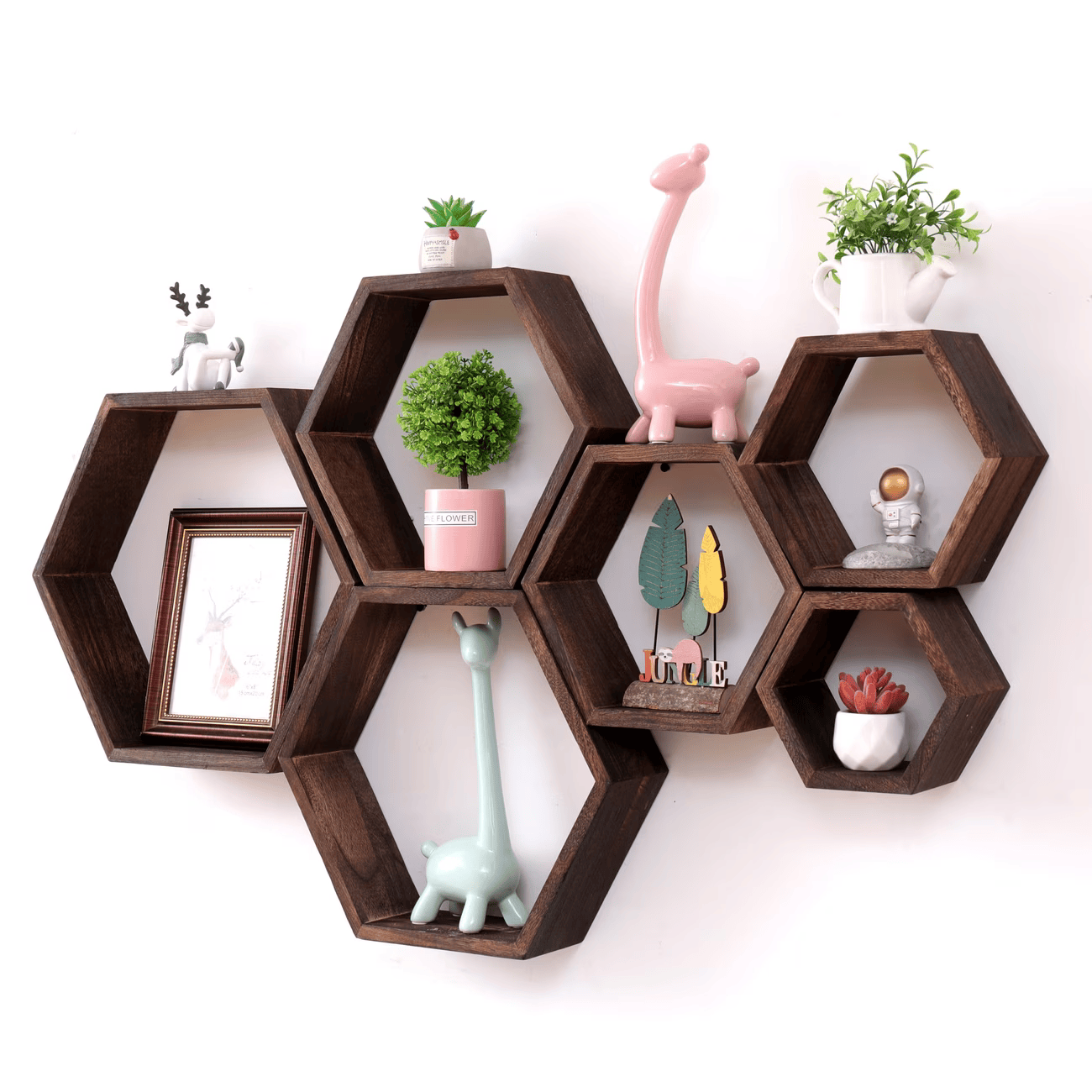Étagères Murales Hexagonales – Lot de 3 en Bois
